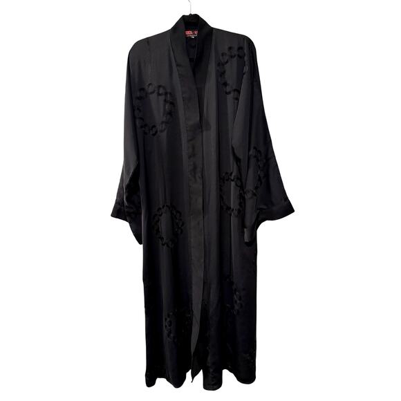 Vintage 70s Abaya Kimono Robe O/S Embroidered Longline Duster Jacket Black - Picture 2 of 11